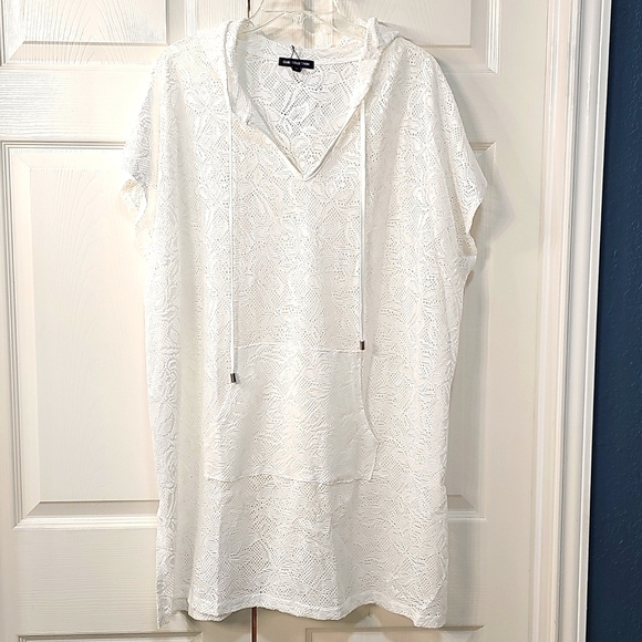 NWT CLUB Z Collection Beach White Lace Hoodie Drawstring Coverup 1X - Picture 1 of 16